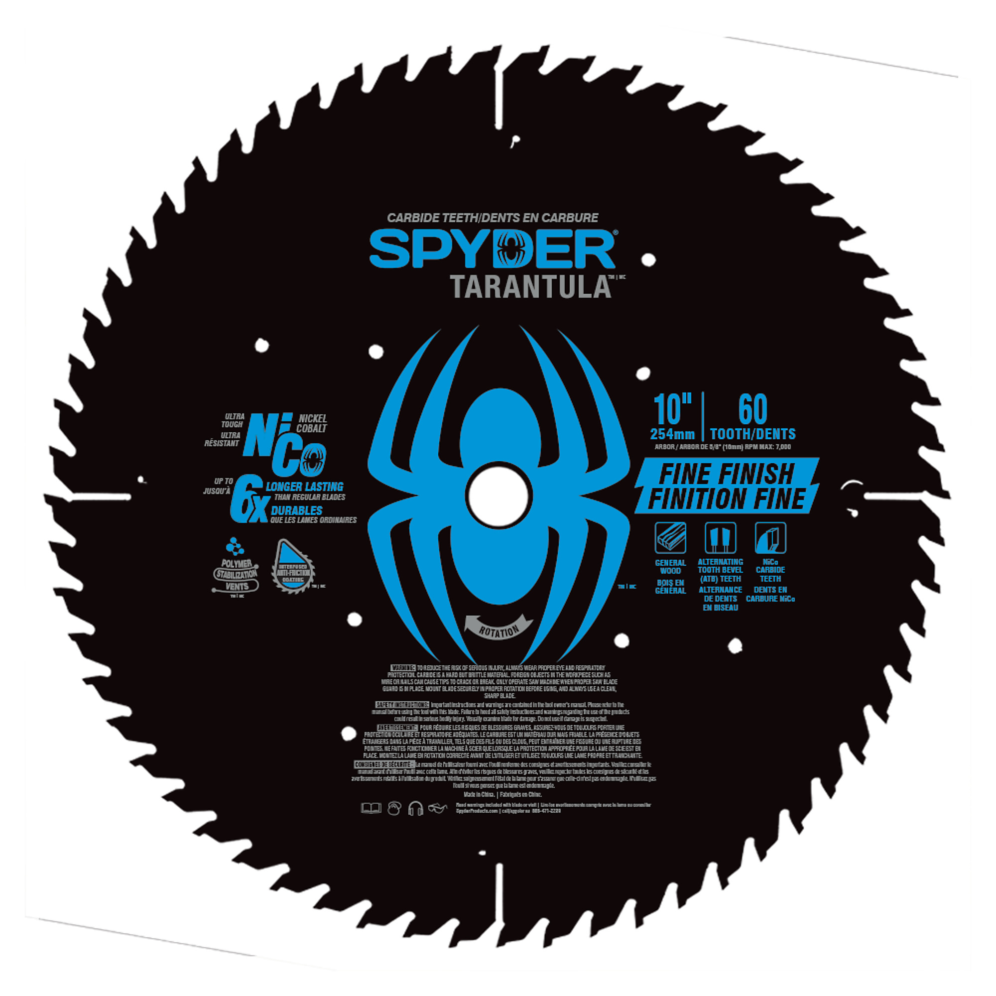 SPYDER, Fine 10in. 60T TCT Stl Circ Tarantula Saw Blade, Blade Diameter 10 in, Included (qty.) 1 Model# 13012